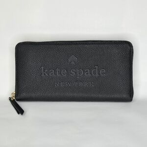 NEW Kate Spade Black Large Continental Peebled Leather Zip Wallet Sienne Logo